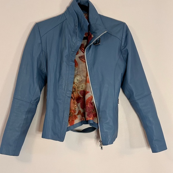 HOPE blue faux leather moto jacket size small - Picture 4 of 7